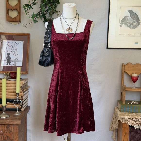 All that Jazz Dresses & Skirts - Burgundy Crushed Velvet X-Back Dress Grunge Goth Vintage 90s Medium